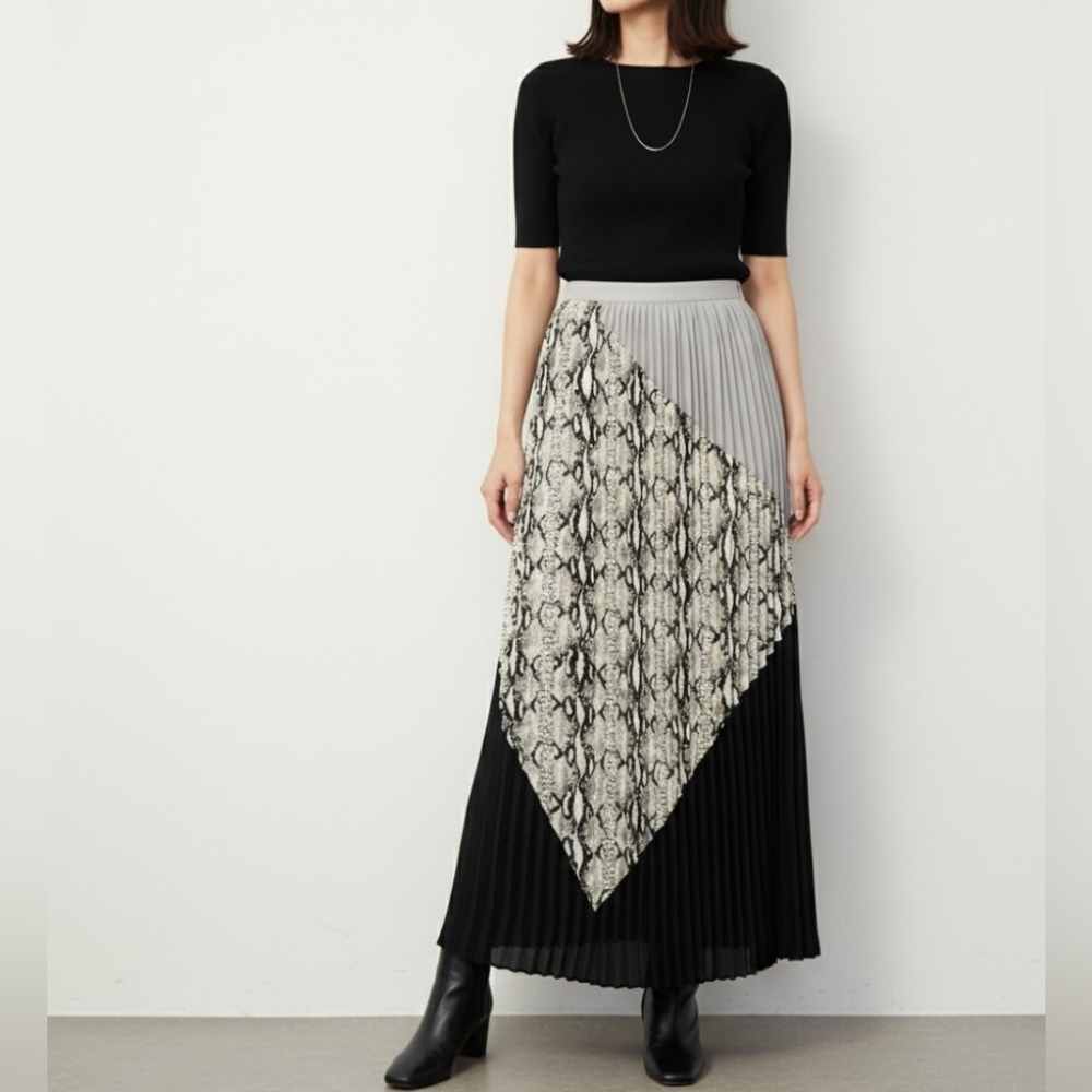 BAR III Vintage Multicolor Snake Print Knife Pleated Broomstick Maxi Skirt XS